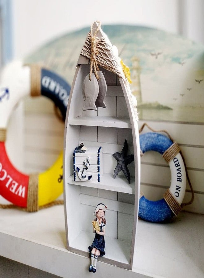 Linfevisi Wood Boat Shelf Decor Beach Theme Standing Boat Shelf Wooden Boat Decor Boat Book Shelf Nautical Decor Standing Boat Display with Net Starfish Seashell Accent Home Decor for Bathroom 16.5" - Image 3